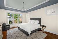 Large primary bedroom with tray ceiling