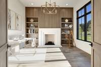 Private Study with ventless Fireplace, 10' stained wood doors and custom built-ins with adjustable shelves