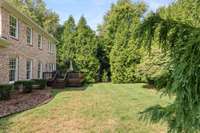 Mature trees and custom landscaping with 14 zone irrigation system line the back yard.