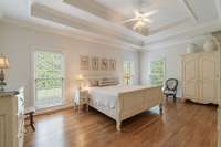 Beautiful primary suite featuring hardwood flooring and double trey ceiling