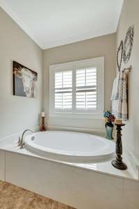 Oversized soaking tub~Separate walk-in shower has frameless seeded glass door along with two hand-held shower wands & rainshower head.