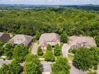 Aerial view shows the abundant green space surrounding the house and community~Mature growth trees in front yard and treelined backyard.