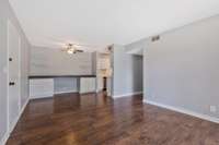 Dining area with ceiling fan.