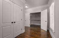 Step into the "dressing room" for 2 more huge closet. The corner is perfect for weights or a peleton.