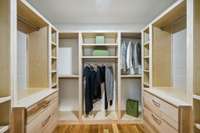 A custom closet located off the primary bedroom was expanded to create ample storage.