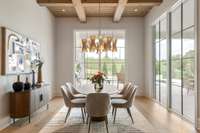 Breakfast Room with beautiful floor-to-ceiling windows, stained coffered with shiplap ceiling, and access to covered outdoor living area