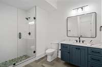 Private bath with bedroom off the lower-level recreation room.