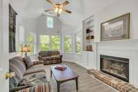 Upstairs parlor room with gas fireplace.