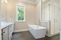 Primary Bedroom Bath with large soaking tub, double vanities, large shower