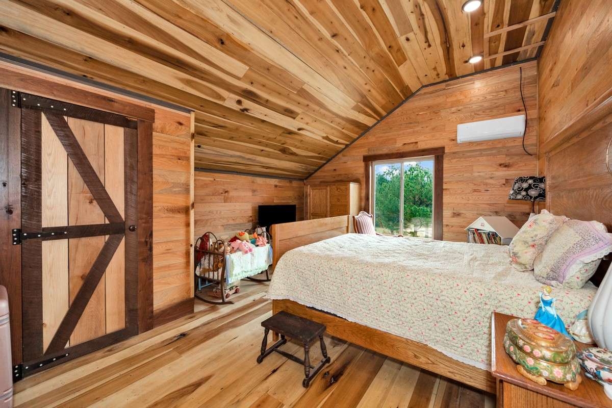 Bedroom #3 - upstairs, poplar flooring, hickory walls, recessed lighting