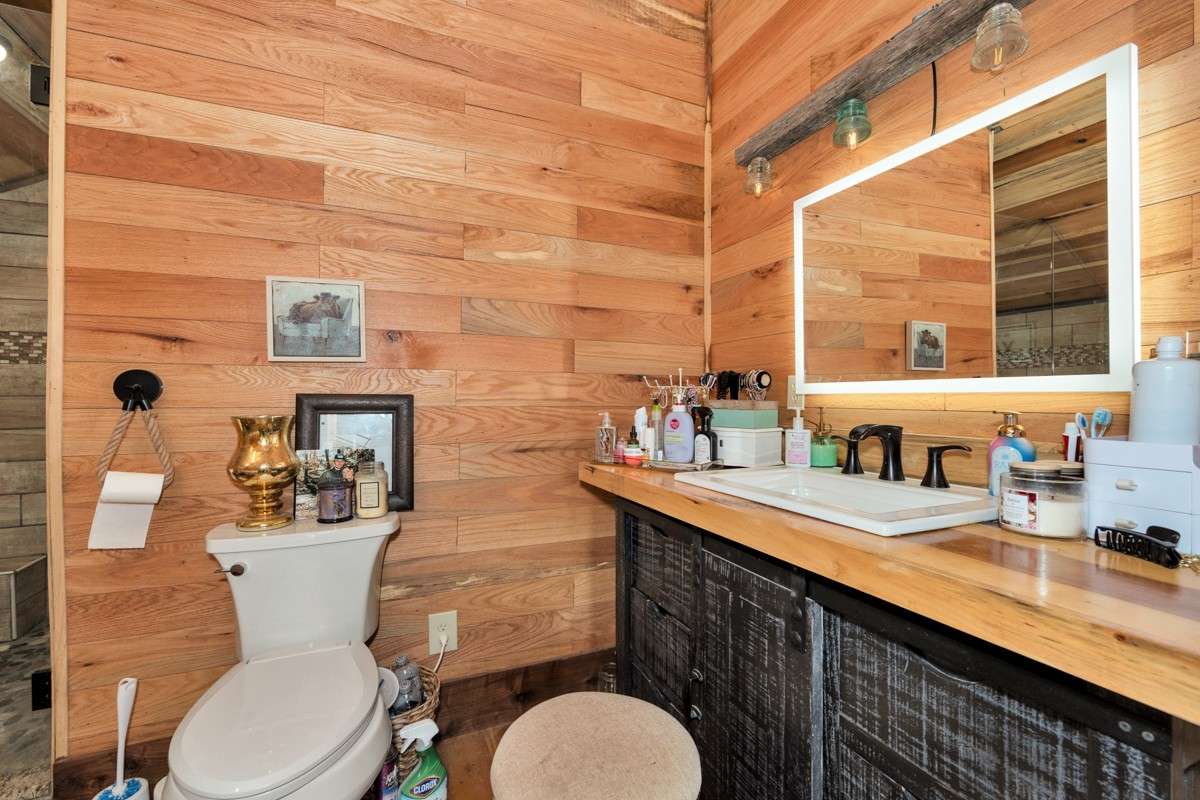 Upstairs Full Bath - wood flooring, soaking tub, custom tile shower