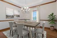 Spacious dining room with trey ceiling and crown molding