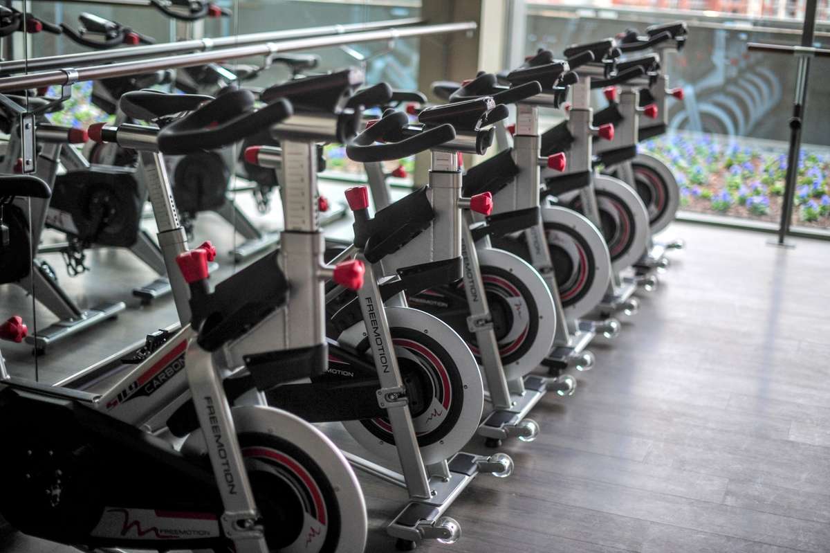 Spin bikes in bar/yoga room