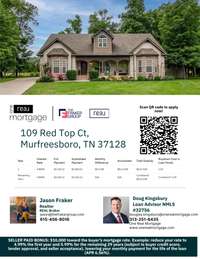 BONUS: $10,000 toward the buyer’s mortgage rate. Example showing what this Seller Bonus can do for your mortgage rate. Subject to buyer credit score, lender approval, and seller acceptance.