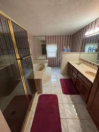 Main bathroom featuring double vanity, separate shower and tub.