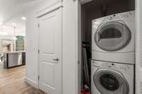 Convenient full size stackable washer and dryer included.
