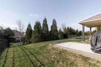 Beautiful backyard. Complete with a treelined privacy screen, iron fence, and irrigation system.