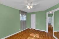 Primary bedroom has hardwood floors and double closets!