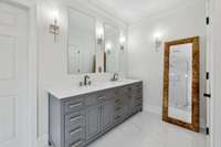 Primary Bathroom with Dual Vanity, Tile Shower with Glass Door, Bathtub, Tile Flooring & Walk-In Closet