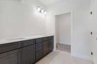 Vanities in Primary bathroom.  Has walk-in tile shower.