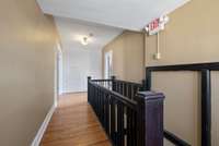 At the top of the stairs on the second level. Lots of built -ins if you look closer.