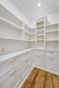 Spacious walk-in "working pantry" with built-in shelving and drawers, quartz countertops and electricity.