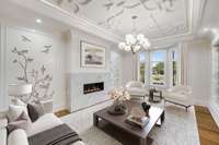 The living room features exquisite custom inset ceilings with decorative moldings, a gorgeous marble slab fire place and bay windows overlooking the sweeping front lawn.