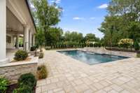 The heated saltwater pool is gunite and features two lounging pads and a stunning stone fireplace wall.