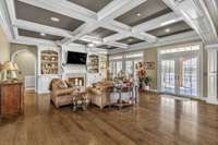 Gorgeous Coffered Ceilings, Built In Bookcases and Fireplace