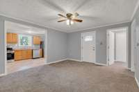 Main living area of cottage with new carpet