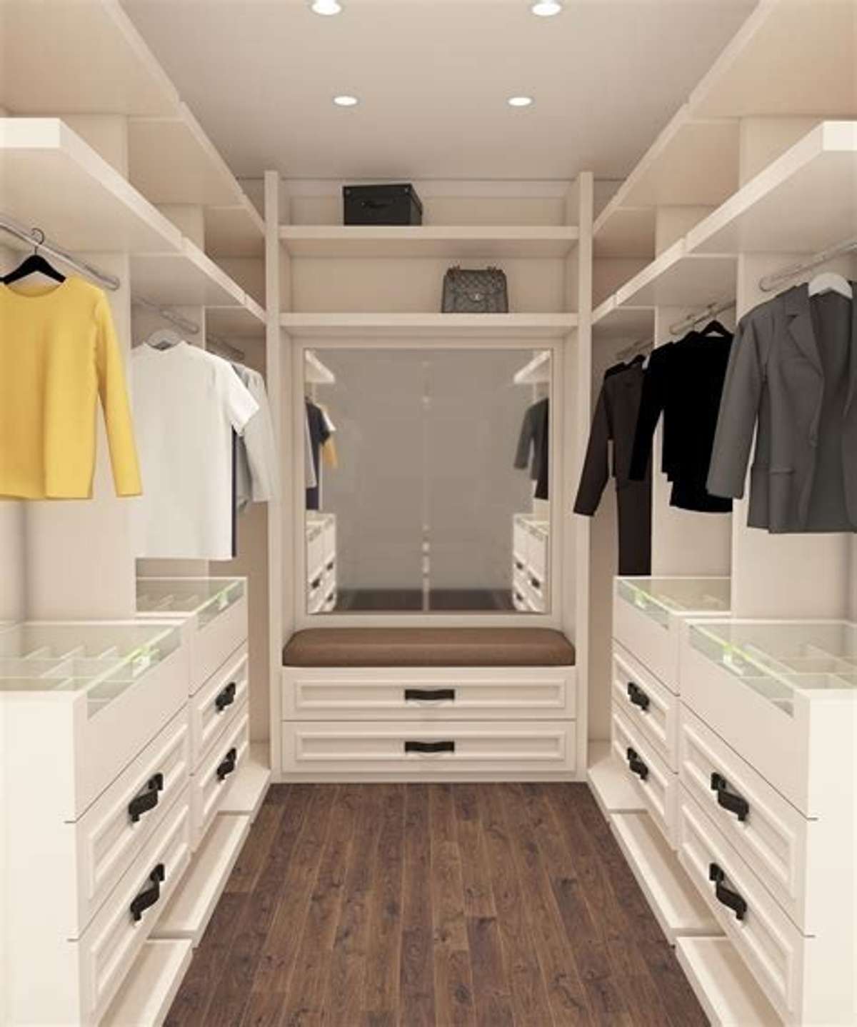 Virtually staged & envisioned primary closet with hardwoods