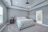 First floor luxurious primary suite with a custom walk-in closet and spa-like en-suite bathroom.
