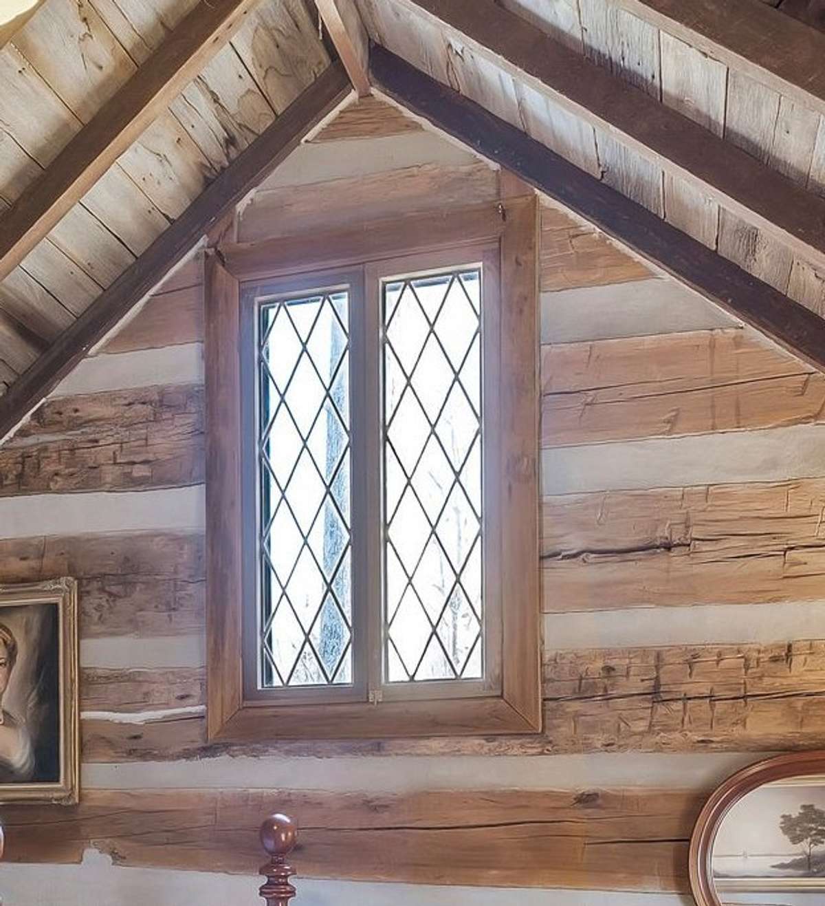 Another of the vintage leaded glass windows is found in the second bedroom.