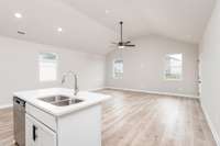 Now THAT'S a GREAT Room! Completely Open Concept with SOARING Vaulted Ceilings