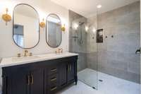 Primary bath with double vanity and walk-in shower