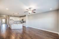 Open floorplan....view from living area into kitchen...