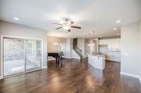 The piano is in the space for the dining area....