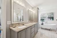 Naturally double vanities and plenty of storage. Neutral color for the calming effect.