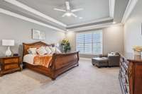 The spacious primary suite features a double tray ceiling with crown molding, soft carpet, and ample natural light. A peaceful retreat with room to unwind and relax in comfort.