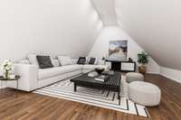 This is a Virtual Rendering of how the main attic space could look if finished. It’s not a photo of the completed space but shows the potential. Additional square footage beyond this area could also be finished for even more room.