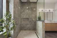 The shower of your dreams! Rainfall showerhead and Fiori Di Bosco wall tiles complete space and scream luxury