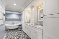 Primary bath, double vanities, closet space, updated tub, shower & more...