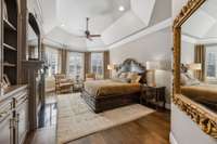 spacious primary with fireplace and built ins