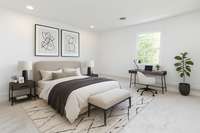 Virtually Staged bedroom 1 of 2 upstairs with bath in the middle