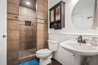 Basement bathroom features walk in shower with bench