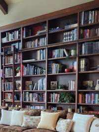 Floor-to-ceiling bookshelves with rolling ladder.