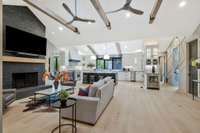 Beautiful open concept Living to Kitchen with stunning wood beams
