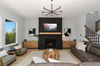 A cozy gas fireplace with a striking shiplap surround acts as the perfect centerpiece.