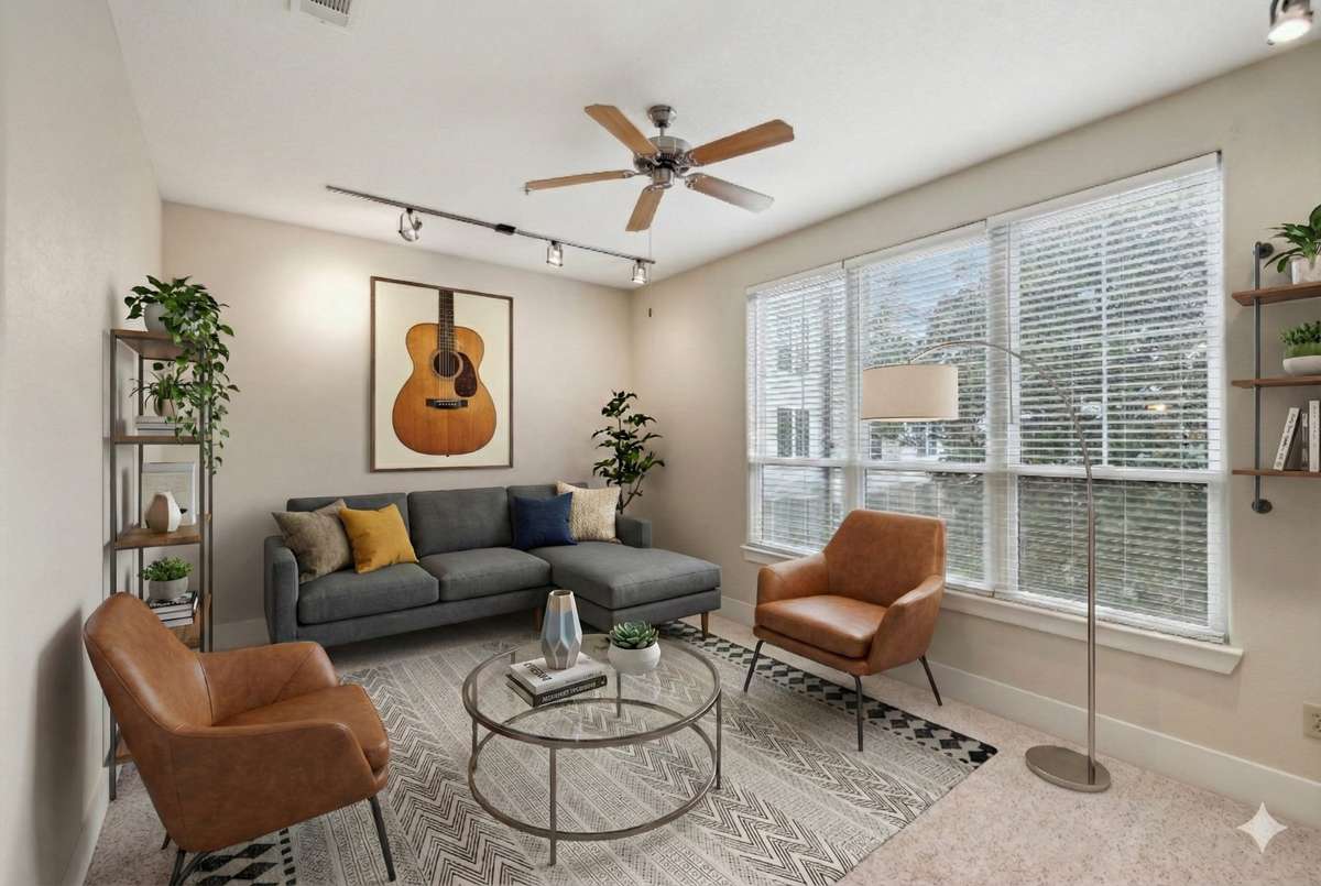 Virtually Staged!  Love this chic Living Room with views of the Courtyard!