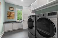 Upstairs laundry areas with shelving and folding area